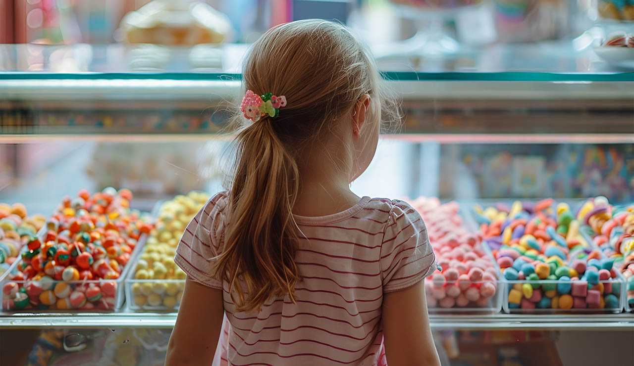 Niña en una tienda de golosinas