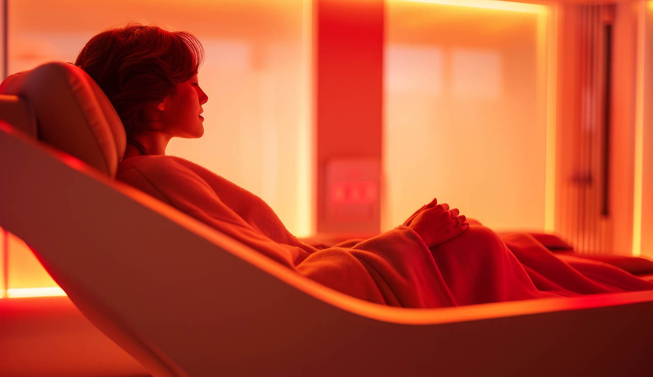 Mujer en un salón con luz roja