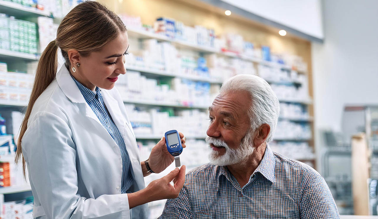 Farmacéutica con un glucómetro