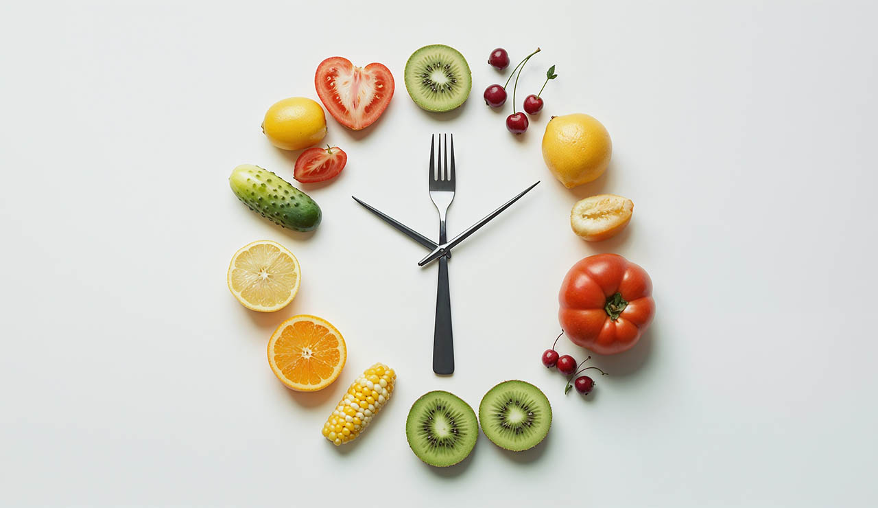 Reloj formado por frutas y verduras