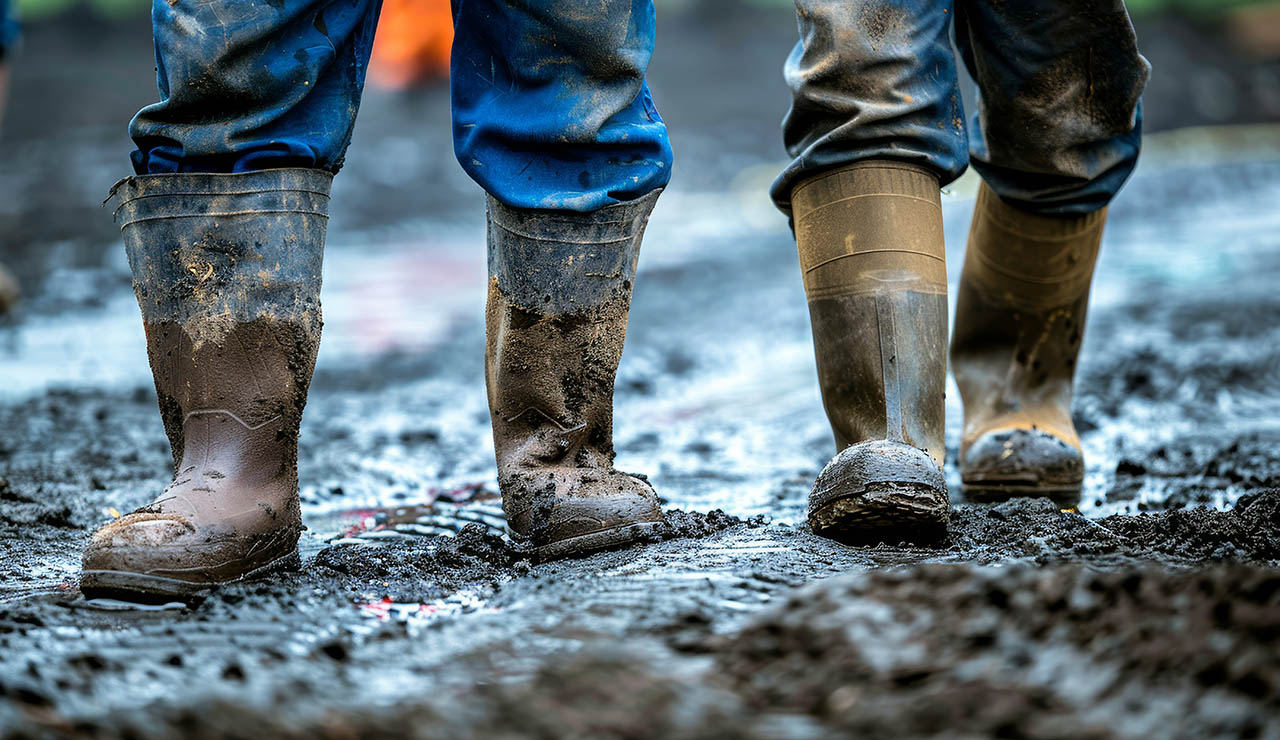 Hombres en el barro con botas de agua
