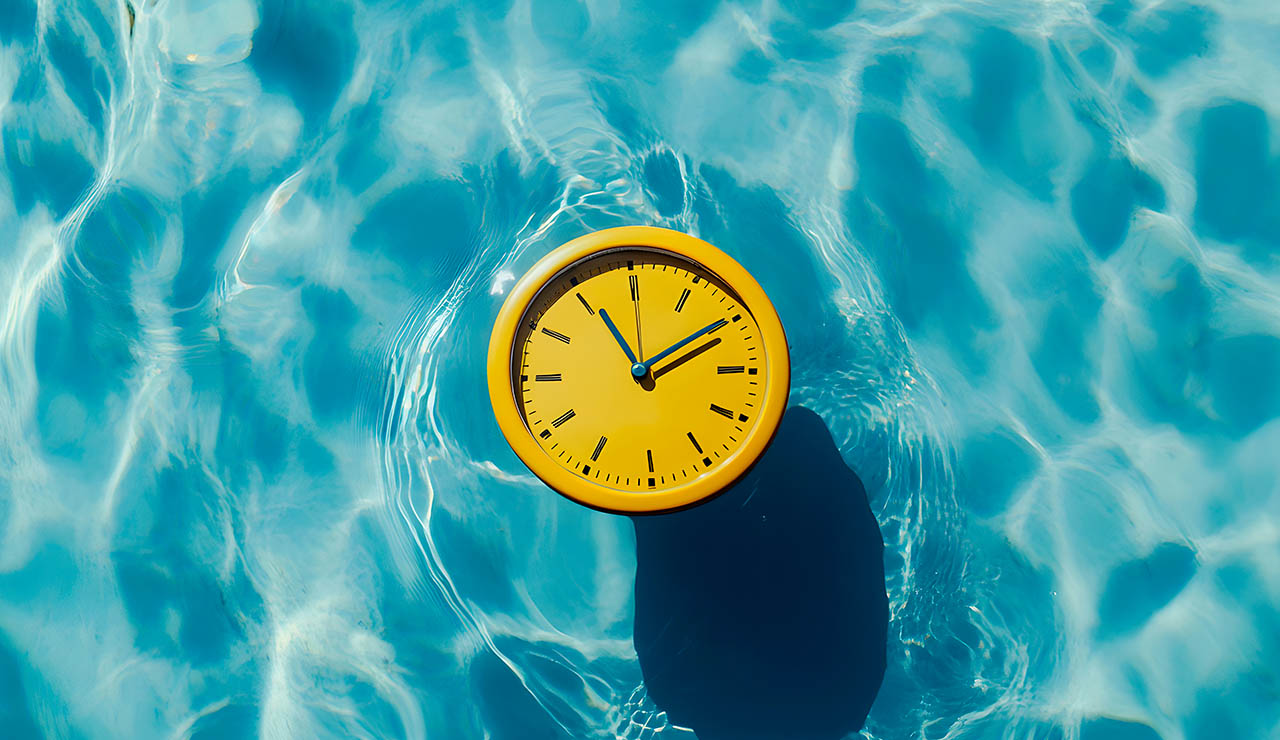Reloj sobre el agua de una piscina